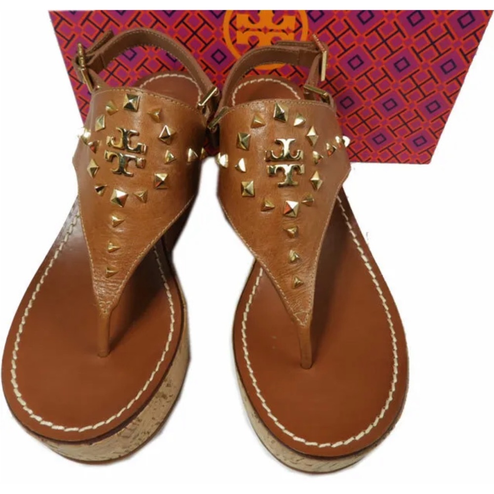 Tory Burch Double T Ines Gold Brown Wedge Sandal Leather 10